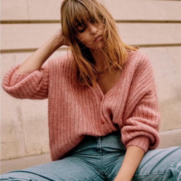 Sezane Sweater Cardigan Fuzzy Wool Mohair Ribbed Knit Achille - Picture 10 of 13